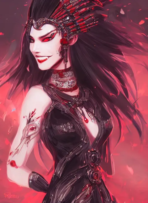 Image similar to a highly detailed illustration of beautiful black long hime cut hair woman wearing a red battle dress, red eyes, dramatic smile pose, intricate, elegant, highly detailed, centered, digital painting, artstation, concept art, smooth, sharp focus, league of legends concept art, WLOP