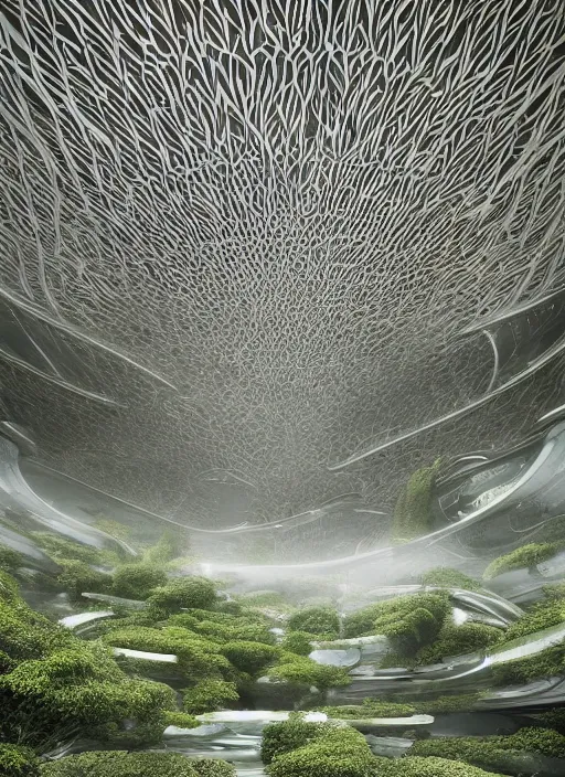 Image similar to a photo of a futuristic biomimicry oasis interior + the interior is elegant and made of a biomimicry nature with ornate patterns + photo taken on a misty morning + architectural photography, 8K, photorealistic