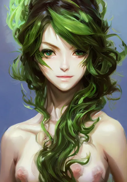 Image similar to greg manchess a realistic anime portrait of a beautiful dryad with glowing green eyes and tree bark skin wearing clothes made of leaves, anime, digital painting, by stanley artgerm lau, sakimichan, wlop and rossdraws, digtial painting, trending on artstation