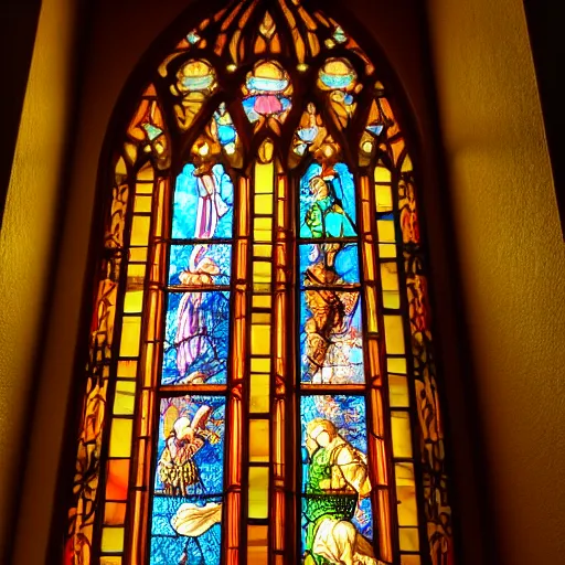 Prompt: photo, sunlight coming through a beautiful stained glass window in a dark hallway, with ray showing, intricate details, extremely high quality, moody lighting, real camera, real photo,, 8 k, full subject in shot