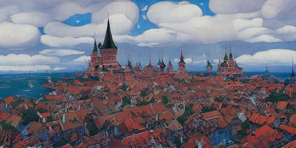 Image similar to photo beautiful magical ancient Slavic Russian city of Kitezh, fisheye lens, painting by Viktor Vasnetsov, concept art, magical city, fantasy cityscape, ancient Slavs, wooden buildings, ancient Russian architecture, terem, hyperborea, top cinematic lighting , cinematic mood, very detailed, 8k, painting by Nicholas Roerich, high resolution, trending on artstation, artstationHD,