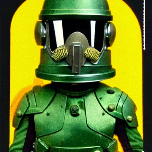 Image similar to portrait of a mutant chronicles bauhaus doomtrooper, wearing green battle armor, a yellow smiley sticker centered on helmet, by jean giraud