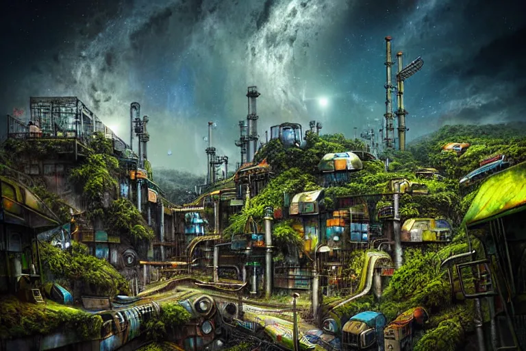 Image similar to sci - fi favela sculpture, art deco jungle environment, industrial factory, cliffs, gloomy, milky way, award winning art, epic dreamlike fantasy landscape, ultra realistic,
