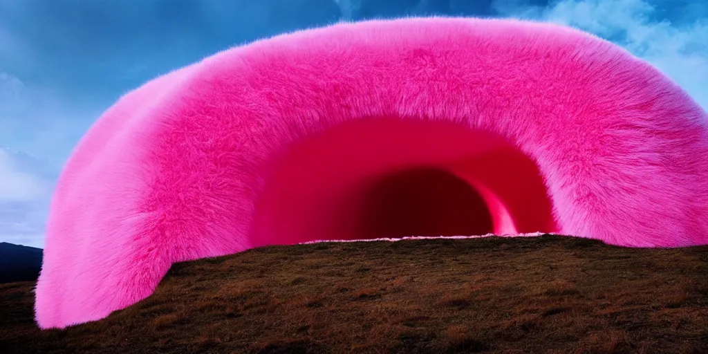 Image similar to a strange huge translucent pvc inflated organic architecture building with pink fluffy fur inside by anish kapoor sits in the rock mountains, film still from the movie directed by denis villeneuve with art direction by zdzisław beksinski, close up, telephoto lens, shallow depth of field