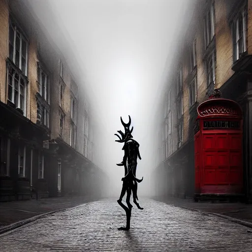 Image similar to ominous wendigo walking through the center of old london city, oil painting, gloomy misty atmosphere, symmetrical, full body image, highly ornate intricate details, very sharp photo,