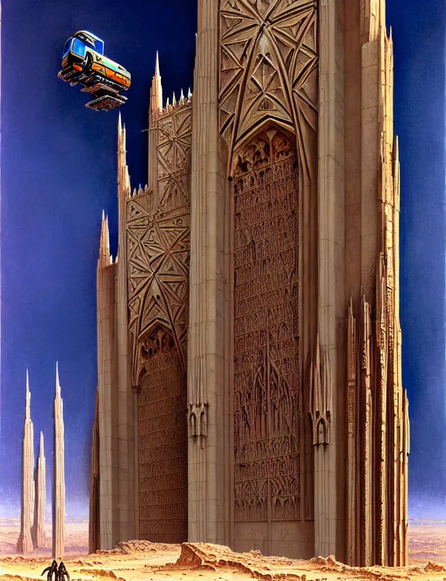 Image similar to close shot of a giant immense tomb gothic architecture advanced technology scifi architectural structure desert planet, fantasy, elevator, side ramp entrance, ambulance, smoke, dead bodies, guards intricate, painting by lucian freud and mark brooks, bruce pennington,