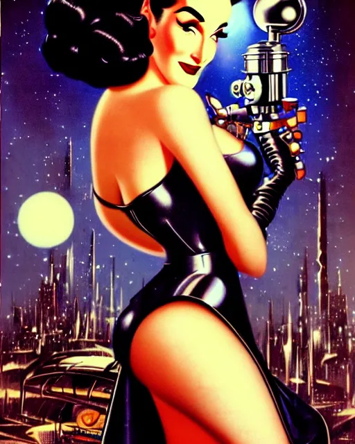 Prompt: closeup beautiful retro space dita von teese posing with a chrome robot in dieselpunk city at night, pinup, windblown dark hair, seductive, hyper detailed, digital art, smooth, sharp focus, luis royo, gil elvgren, alberto vargas, 1 9 5 0, when mars attacks