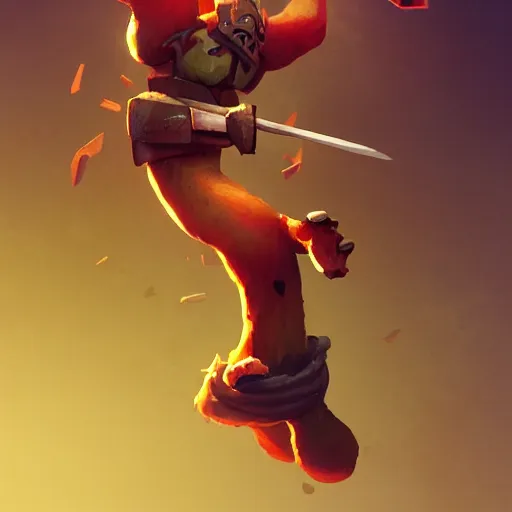 Prompt: battle toast, a slice of toasted bread with a face, arms and legs, holding a sword, volumetric lighting, dynamic composition, fantasy, hyper detailed, ultra realistic, sharp focus, octane render, concept art by sachin teng and sergey kolesov and ruan jia and heng z