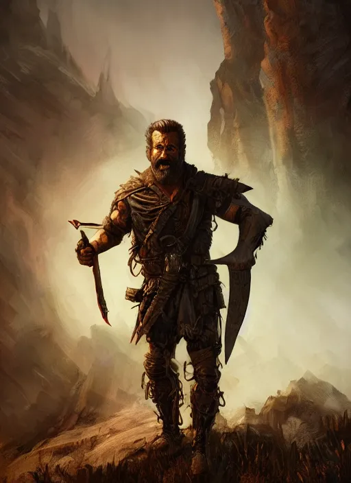 Image similar to A fantasy comic book style portrait painting of Mel Gibson as a grim survivalist warrior in a dark post apocalyptic landscape, unreal 5, DAZ, hyperrealistic, octane render, RPG portrait, ambient light, dynamic lighting