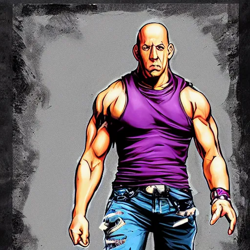 Prompt: Digital painting of Vin Diesel wearing strange clothes walking like a Italian model in JoJo\'s Bizzare Adventure anime style, official media from JoJo\'s Bizzare Adventure, highly detailed, sharp focus, screentone shading, sligthly hard shadows, 1990 manga panel, trending on ArtStation, manga cover art by Hirohiko Araki