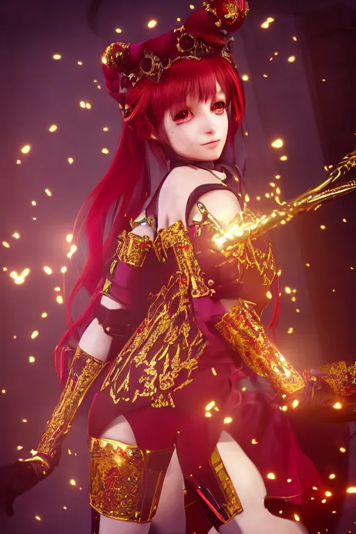 Prompt: a photo of 8k ultra realistic anime magical girl, full body, intricate red and gold armored dress, ornate wand staff, cinematic lighting, hyperrealistic, focused, high details, unreal engine 5, cinematic, Trending on artstation, artstationHD, artstationHQ, 4k, 8k