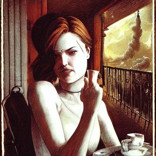 Prompt: nemesis from resident evil sits on a chair behind a coffee salt on a summer veranda and holds in his hand a small porcelain cup with tea from which steam comes out, in the stylization of romanticism paintings, detailed facial proportions