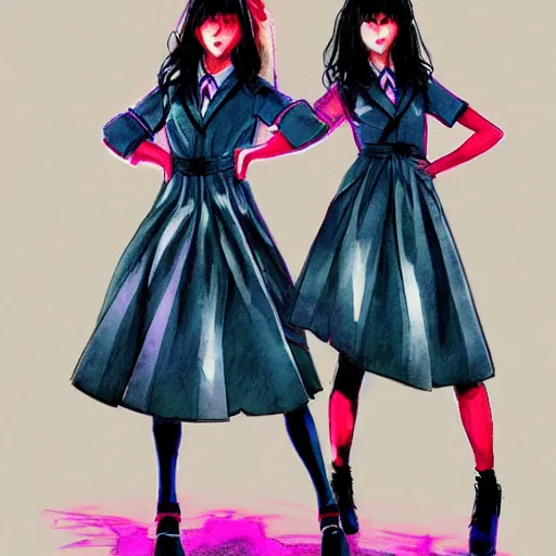 Image similar to a perfect, realistic professional digital sketch of two synthwave Japanese schoolgirls posing, in style of Marvel, full length, by pen and watercolor, by a professional American senior artist on ArtStation, a high-quality hollywood-style sketch, on high-quality paper