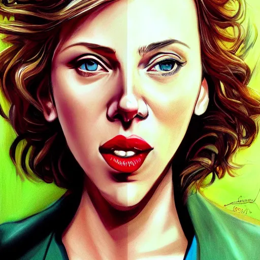 Image similar to funny caricature painting of scarlett johansson, closeup of face, drawing by mahesh nambiar, archille superbi, carola rubio, artstation