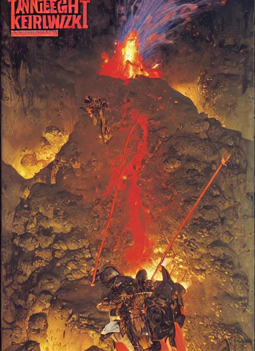 Prompt: knight in armour in lava cave, explosions, lava flows, dynamic action, by lawrence alma - tadema and zdzislaw beksinski and norman rockwell and jack kirby and tom lovell and greg staples