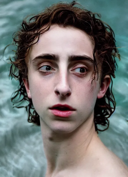 Image similar to Kodak Portra 400, 8K,ARTSTATION, Caroline Gariba, soft light, volumetric lighting, highly detailed, britt marling style 3/4 , extreme Close-up portrait photography of a Timothee Chalamet how pre-Raphaelites with his eyes closed,inspired by Ophelia paint, the face emerges from water of Pamukkale, underwater face, hair are intricate with highly detailed realistic beautiful flowers , Realistic, Refined, Highly Detailed, interstellar outdoor soft pastel lighting colors scheme, outdoor fine art photography, Hyper realistic, photo realistic