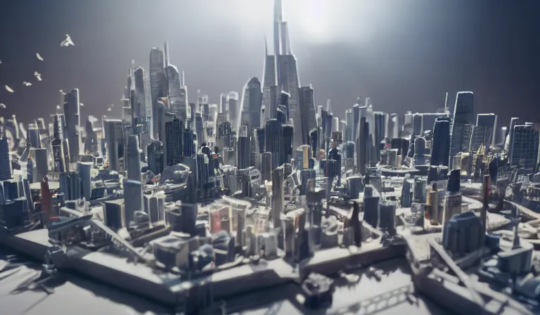 Prompt: crowd of people in simple white museum, looking at hologram of futuristic city on a circular table, cinematic concept art, godrays, golden hour, natural sunlight, 4 k, clear details, tabletop model buildings, center model buildings, hologram center, crane shot, crane shot, crane shot, white walls