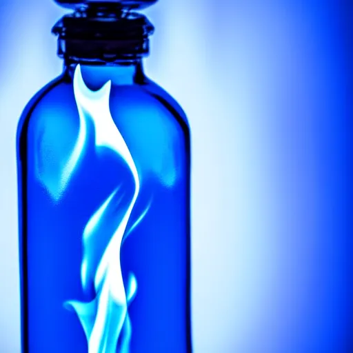 Image similar to blue flame burning inside a bottle, 4 k, photography, highly detailed