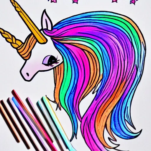 Prompt: unicorn coloring book page filled in with colored pencils