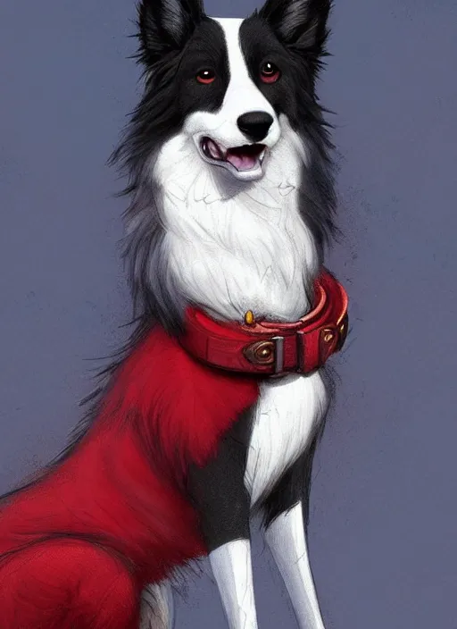 Image similar to full body digital painting of a cute male anthropomorphic border collie fursona wearing a red collar and standing outside, furaffinity, intricate, elegant, beautiful, fantasy, highly detailed, trending on artstation, art by charlie bowater and henry asencio and and ross tran