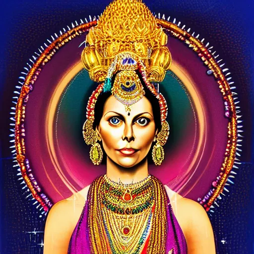 Image similar to a portrait of charlize theron as a hindu goddess, with lots of jewelry and necklaces, photorealistic, 35mm, abstract background.