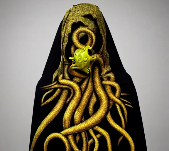 Image similar to hastur, golden hood cape, dark toxic, black tentacles realistic art, realistic photo by horror H 576