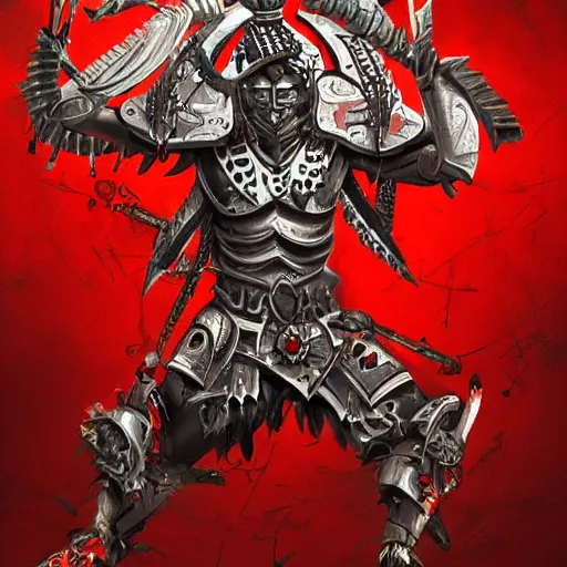 Image similar to otomi warrior in a ornated armor preparing for war, full body, dynamic pose, red and obsidian neon, concept art, intricate details, highly professionally detailed, cgsociety, highly detailed -