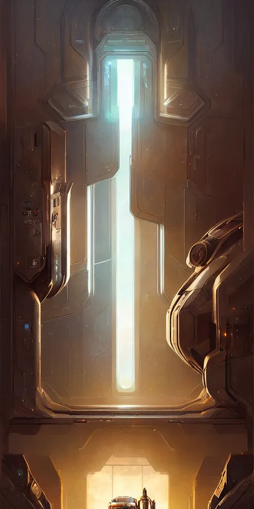 Image similar to hyper realistic art - deco sci - fi double door by jordan grimmer, darek zabrocki