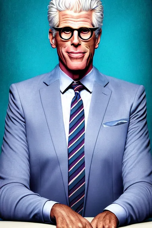 Image similar to a painting of ted danson in the good place, art by robin eley