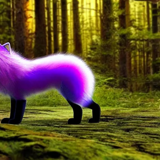 Image similar to a purple fox with a long fluffy and shiny coat sits in the forest on a ufo flying saucer. super realistic photo. clear details