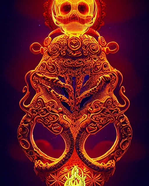 Image similar to 3 d ornate carved water heart, sigma 5 0 0 mm f / 5. global illumination beautiful intricate highly detailed quetzalcoatl skull. bioluminescent, plasma, lava, ice, water, wind, creature, thunderstorm! artwork by tooth wu and wlop and beeple and greg rutkowski, 8 k trending on artstation