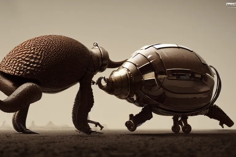 Image similar to an industrial design render of an advanced robotic biomorph armadillo behind a snail, industrial, biomimetic, bionic, steampunk, 3D octane render, 8K, artstation