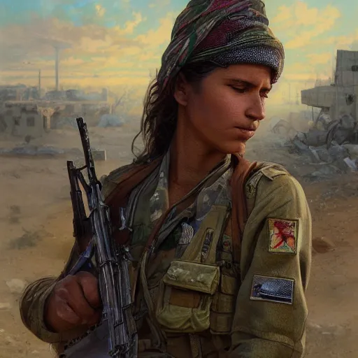 Image similar to beautiful YPJ soldier in the defense of Kobanî in the siege of Kobanî, detailed, centered, digital painting, artstation, concept art, donato giancola, Joseph Christian Leyendecker, Boris Vallejo, Breathtaking, 8k resolution, extremely detailed, beautiful, establishing shot, artistic, hyperrealistic, beautiful face, octane render