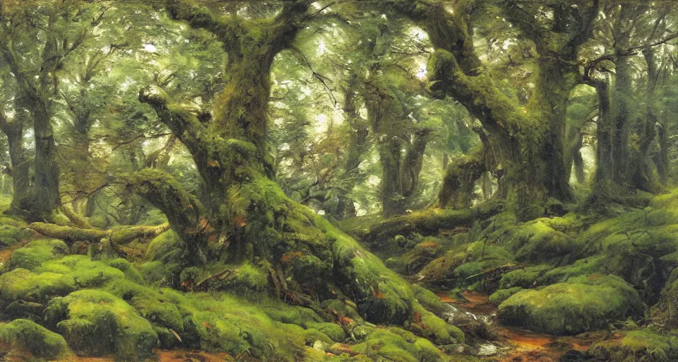 Image similar to ancient oak forest, mossy rocks, stream, oil painting, vivid colors, brush strokes, elegant, highly detailed, by richard schmid and john singer sargent