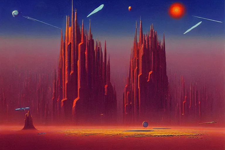 Prompt: cloisonnism painting of megacity 1 from judge dredd megacity 1 from judge dredd in no mans sky no mans sky | masterpiece moebius bekskinski syd mead