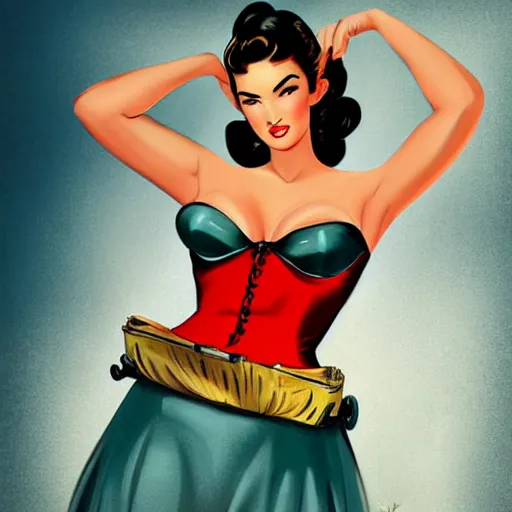 Image similar to a pinup illustration of megan fox in the style of gil elvgren and in the style of charlie bowater.