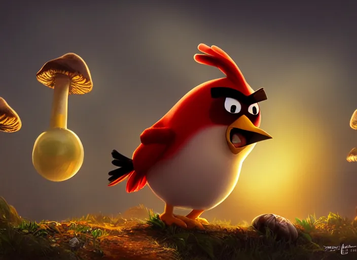 Image similar to angry bird sitting next to a mushroom, golden hour, fantasy, sharp focus, digital art, hyper realistic, 4 k, unreal engine, highly detailed, hd, dramatic lighting by brom, trending on artstation