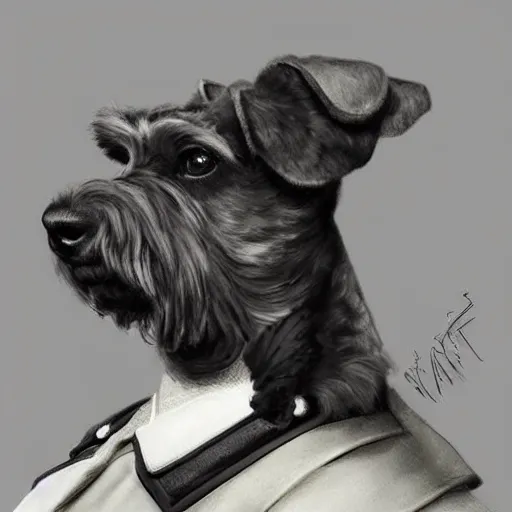 Image similar to portrait of stoic looking miniature schnauzer, military uniform, black fir, white eyebrows, fantasy, intricate, elegant, highly detailed, centered, dark, smokey, charcoal painting, digital painting, artstation, concept art, smooth, sharp focus, illustration, art by artgerm and greg rutkowski and alphonse mucha