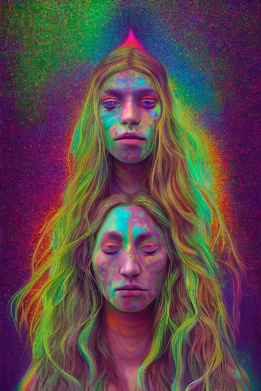 Image similar to ayahuasca tripping girl third eye open, chakra energy waves resonating from her body, ethereal aura, epic surrealism 8k oil painting, portrait, perspective, high definition, post modernist layering, by Sean Yoro, Casey Weldon