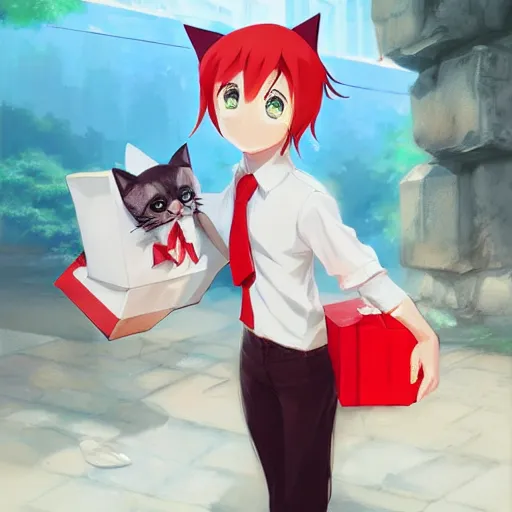 Prompt: anime woman with cat ears holding a package, a little boy wearing white shirt and red tie, digital artwork, in the style of krenz cushart y eddie mendoza and tyler edlin