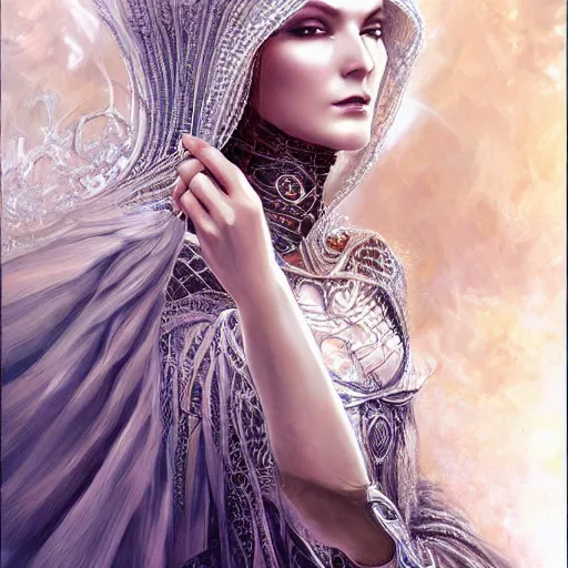 Image similar to a beautiful woman wearing a white niqab made of silver with jewelry and diamonds by alex gray and android jones, karol bak, ayami kojima, arabian, concept art, fantasy