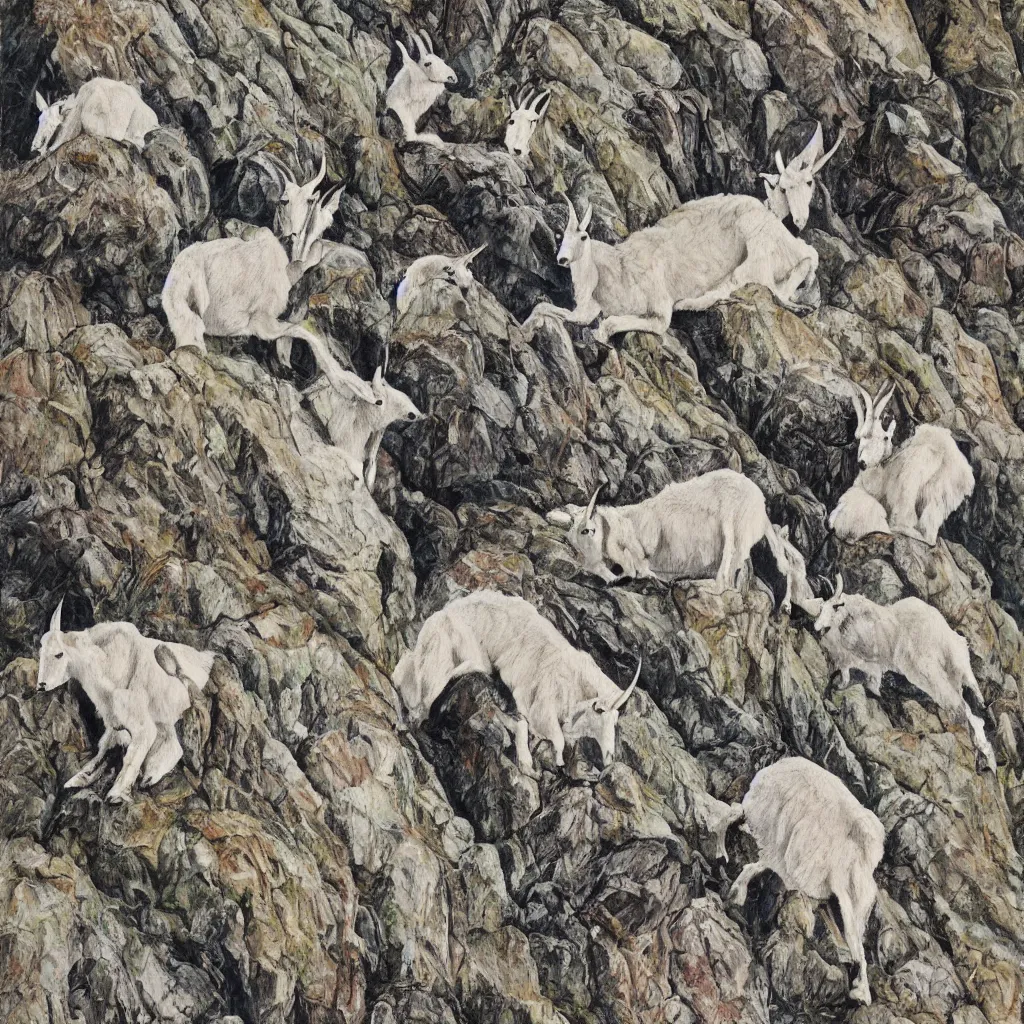 Image similar to mountain goats on a sheer cliffside, expressive, hyperrealism, photorealistic, lithography, fabric pattern