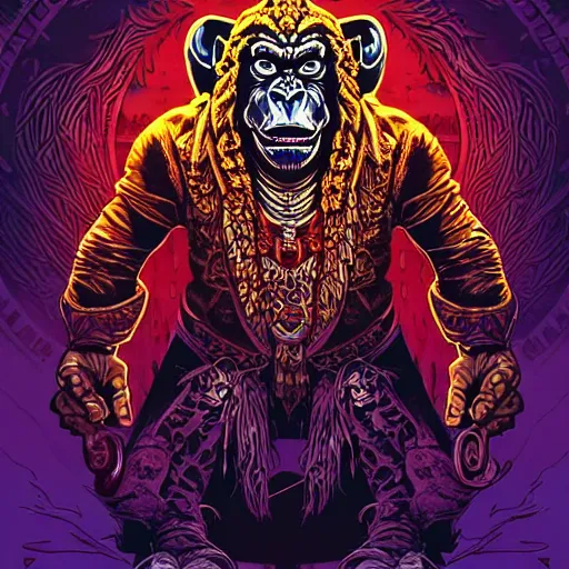 Prompt: barong family member with middle finger up, wiwek, rage, mara demon, one single tribe member, jungle, one single mask, dark, ancient warrior, gorilla, lizard, tribal, inner glow, art by dan mumford and justin gerard