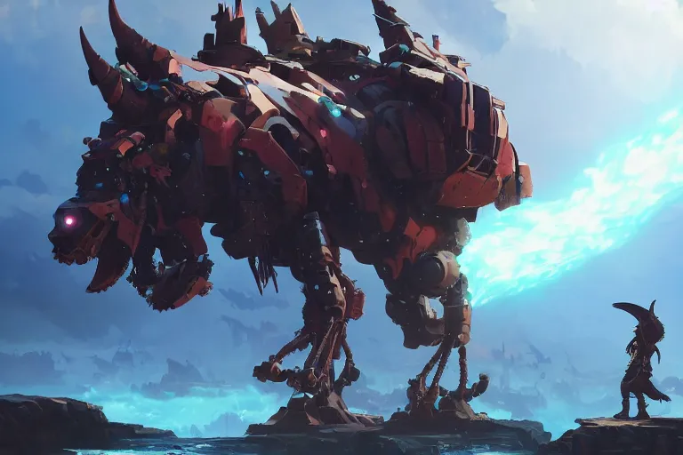 Image similar to grimhorn fanghorn machine mecha animal beast robot of horizon forbidden west horizon zero dawn bioluminiscence, behance hd by jesper ejsing, by rhads, makoto shinkai and lois van baarle, ilya kuvshinov, rossdraws global illumination