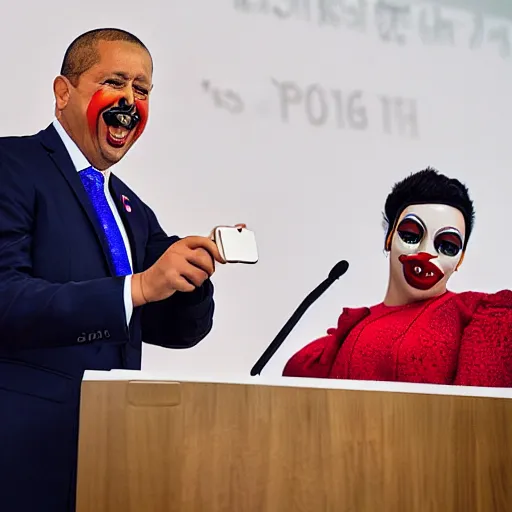 Prompt: a president with clown face taking a selfie in a podium next to first minister