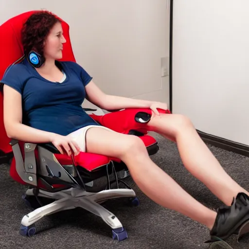 Image similar to woman lounging in a gaming chair, left leg on the floor, right leg dangling over the right arm of the chair