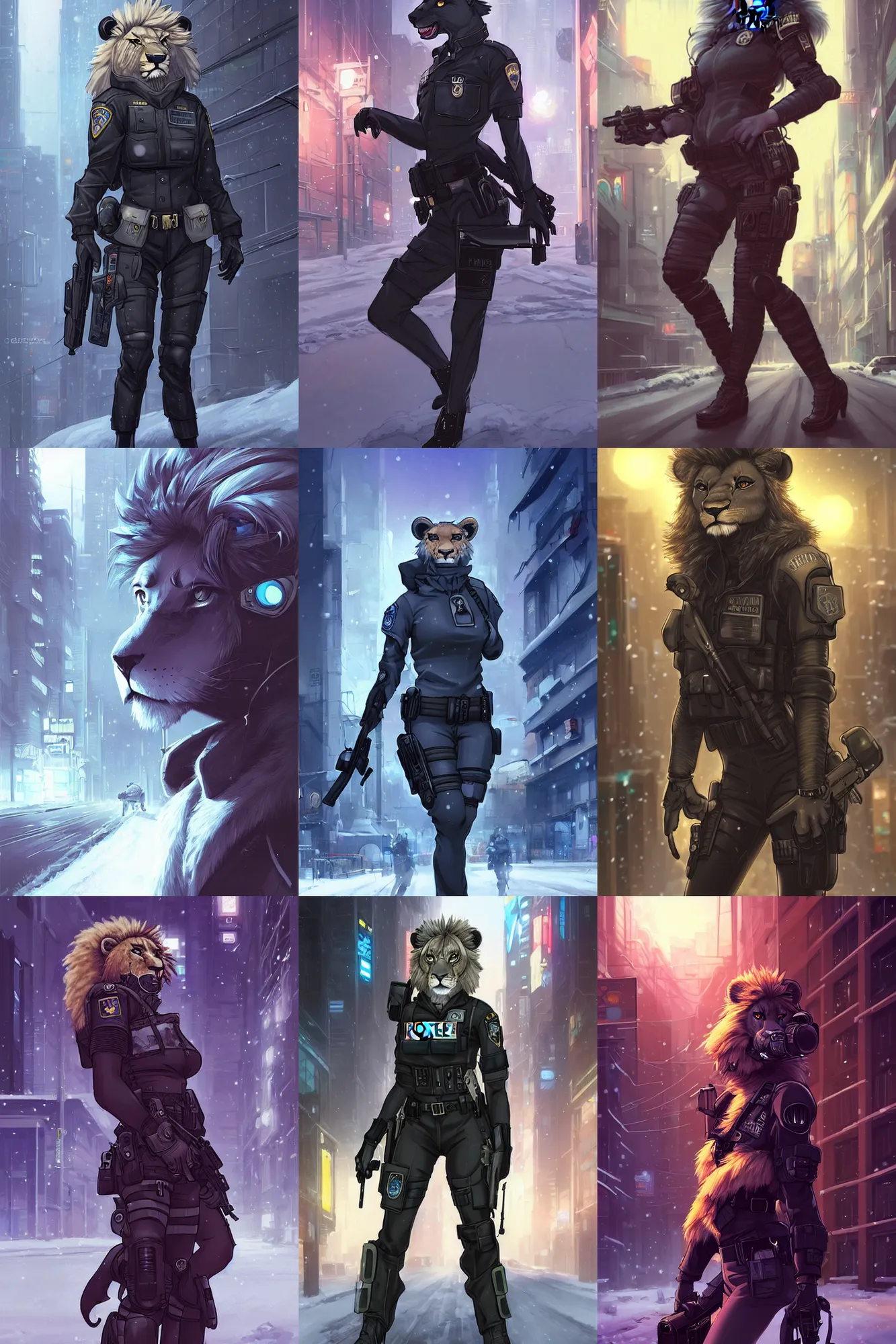 Prompt: beautiful 3 / 4's portrait commission of a female furry anthro lion fursona wearing a tactical cyberpunk police swat uniform in the streets of a cyberpunk city at night in the snow. character design by charlie bowater, ross tran, artgerm, and makoto shinkai, detailed, inked, western comic book art