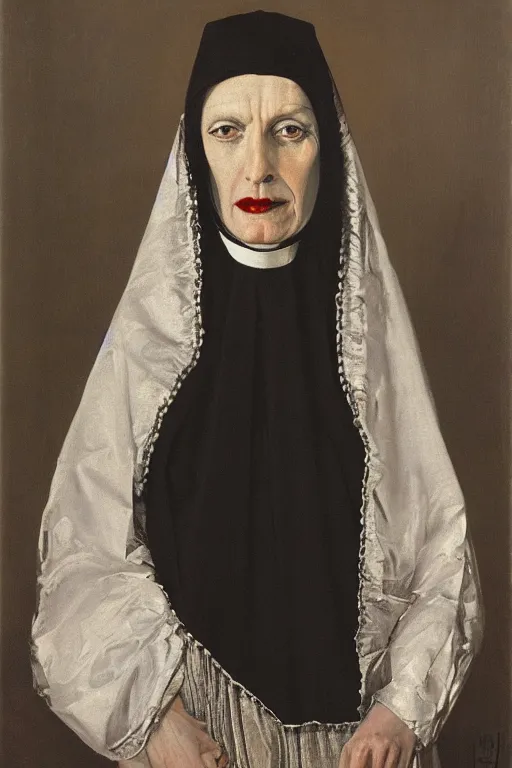 Image similar to portrait, vampire nun, opulent silver embroidered habit, art by jacek malczewski