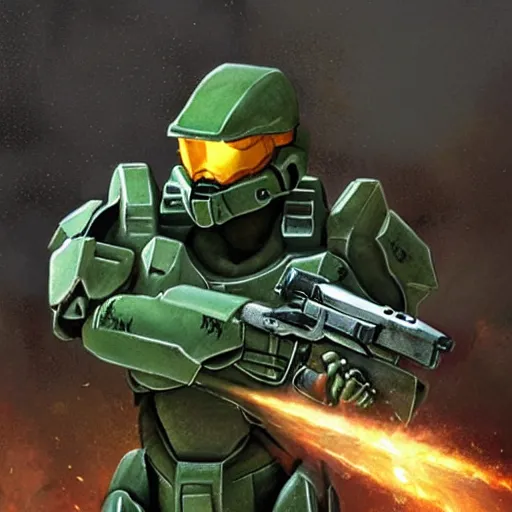 Image similar to master chief from halo, teabagging his enemy