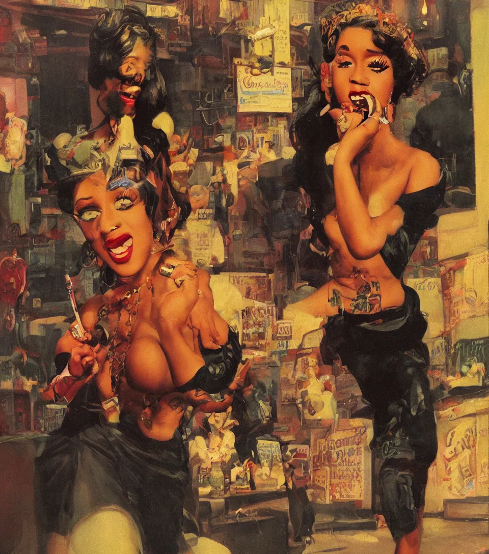 Prompt: standing portrait of ecstatic cardi b looking into the camera standing smoking a cigarette, warm street lights store front, 1 9 6 0 s technicolor, intricate, moody, personal, highly detailed, short focus depth, donato giancola, joseph christian leyendecker, frank frazetta, alex horley, ralph horsley, michael whelan, 2 0 0 mm focal length